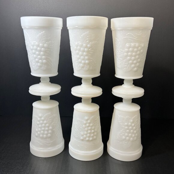 Anchor Hocking White Milk Glass Footed Tumbler Goblet Grape Vine Design Set of 6 - Picture 2 of 5